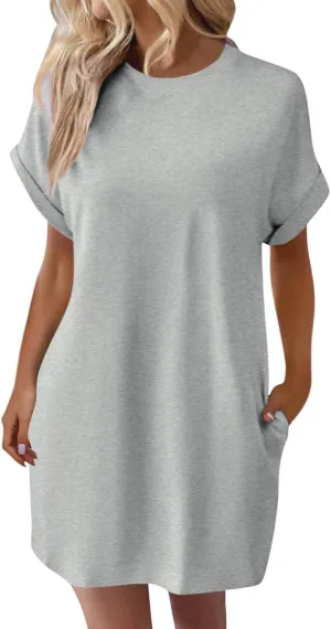 Shirt Dresses for Women Summer Casual Short Sleeve Mini Dress Loose Crew Neck T Shirt Dress Sundresses Swimsuit Coverup