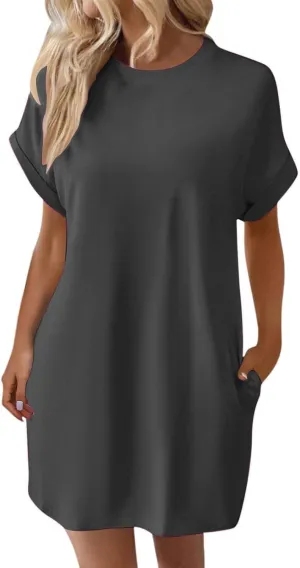 Shirt Dresses for Women Summer Casual Short Sleeve Mini Dress Loose Crew Neck T Shirt Dress Sundresses Swimsuit Coverup