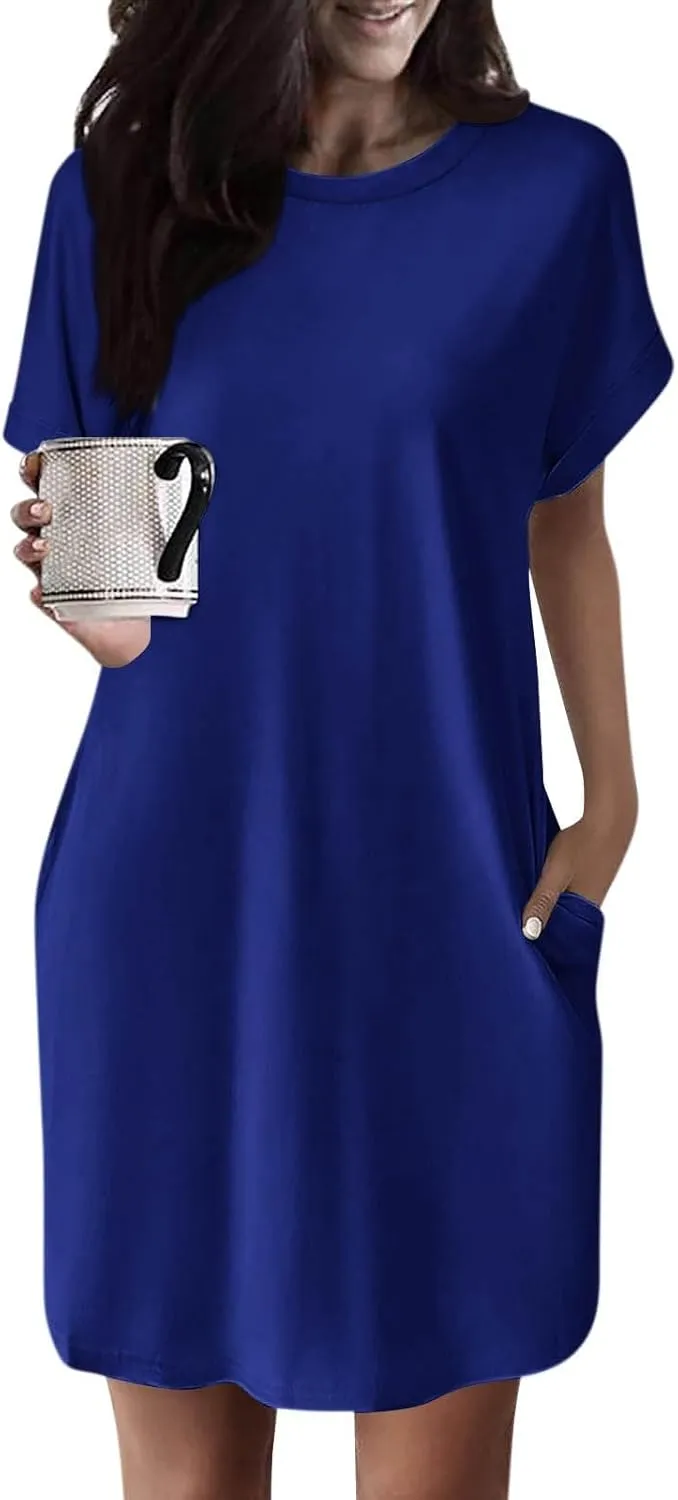 Shirt Dresses for Women Summer Casual Short Sleeve Mini Dress Loose Crew Neck T Shirt Dress Sundresses Swimsuit Coverup