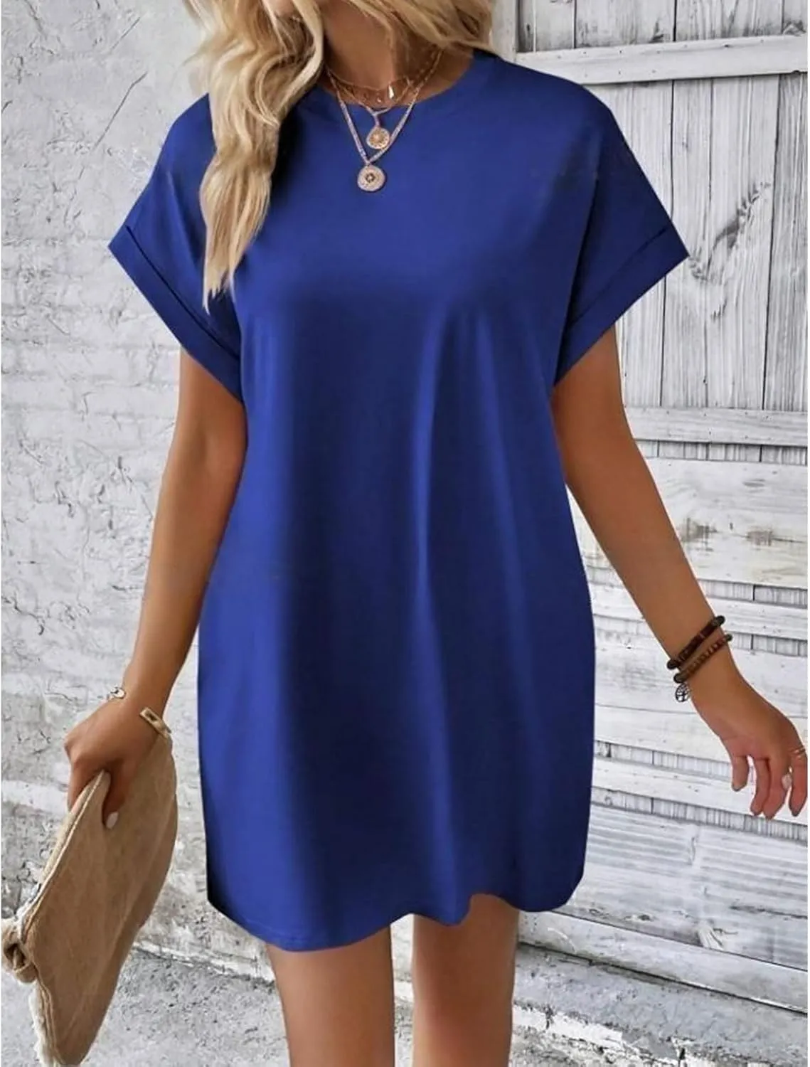 Shirt Dresses for Women Summer Casual Short Sleeve Mini Dress Loose Crew Neck T Shirt Dress Sundresses Swimsuit Coverup