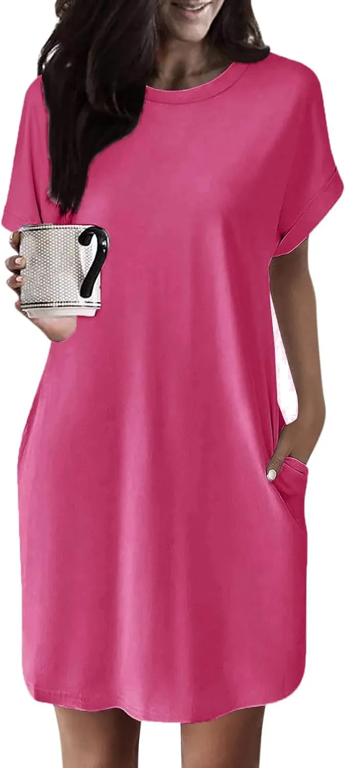 Shirt Dresses for Women Summer Casual Short Sleeve Mini Dress Loose Crew Neck T Shirt Dress Sundresses Swimsuit Coverup
