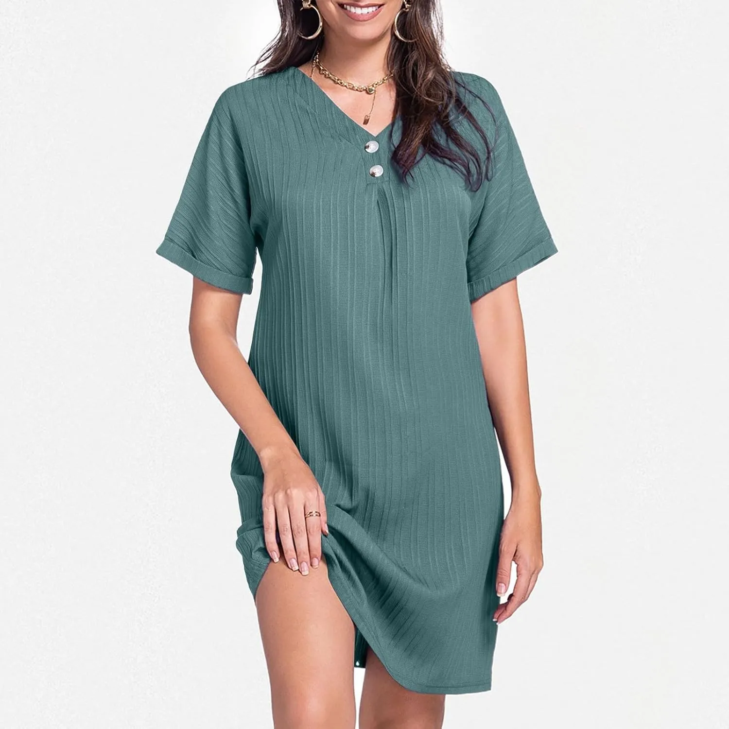 Shirt Dresses for Women, Women's Summer Casual T Shirt Dresses Short Sleeve Button Down Swing Dress with Pockets