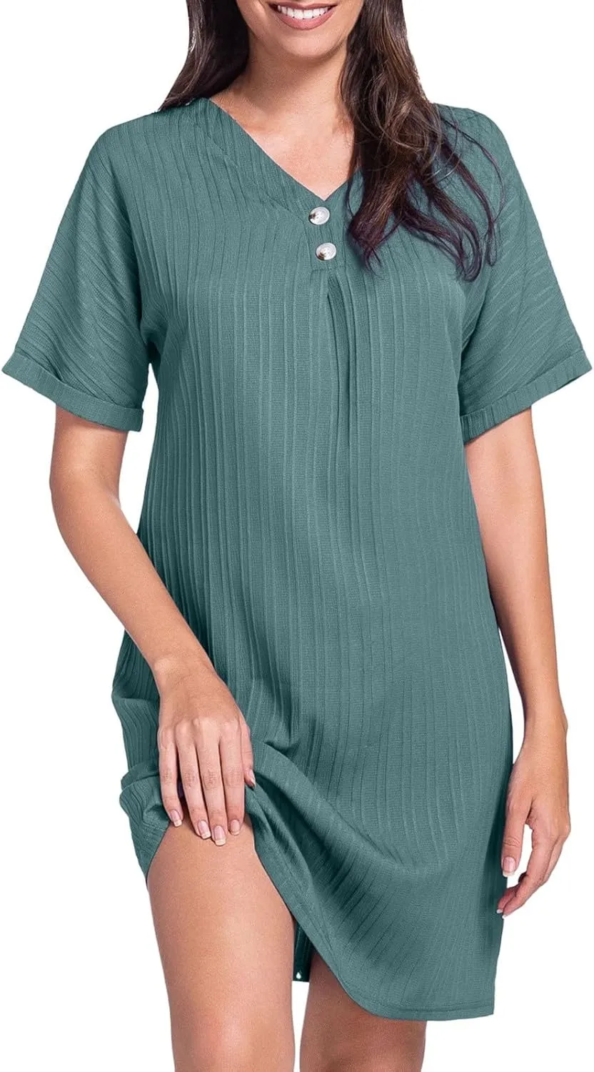 Shirt Dresses for Women, Women's Summer Casual T Shirt Dresses Short Sleeve Button Down Swing Dress with Pockets
