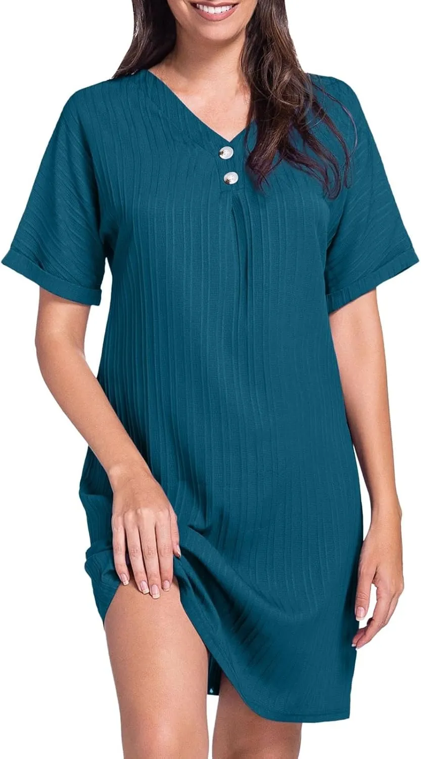 Shirt Dresses for Women, Women's Summer Casual T Shirt Dresses Short Sleeve Button Down Swing Dress with Pockets