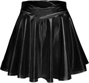 Short Mini Skirts for Women Trendy High Waisted Faux Leather Pleated Solid Ruffle Skirt Black Leather Skirt