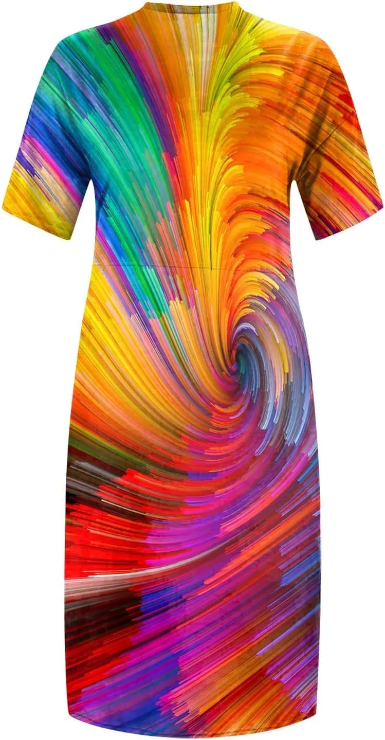 Short Sleeve Shirt Women 2024 Summer Casual T Shirt Plus Size V Neck Dress with Pocket Fashion Printed Pullover