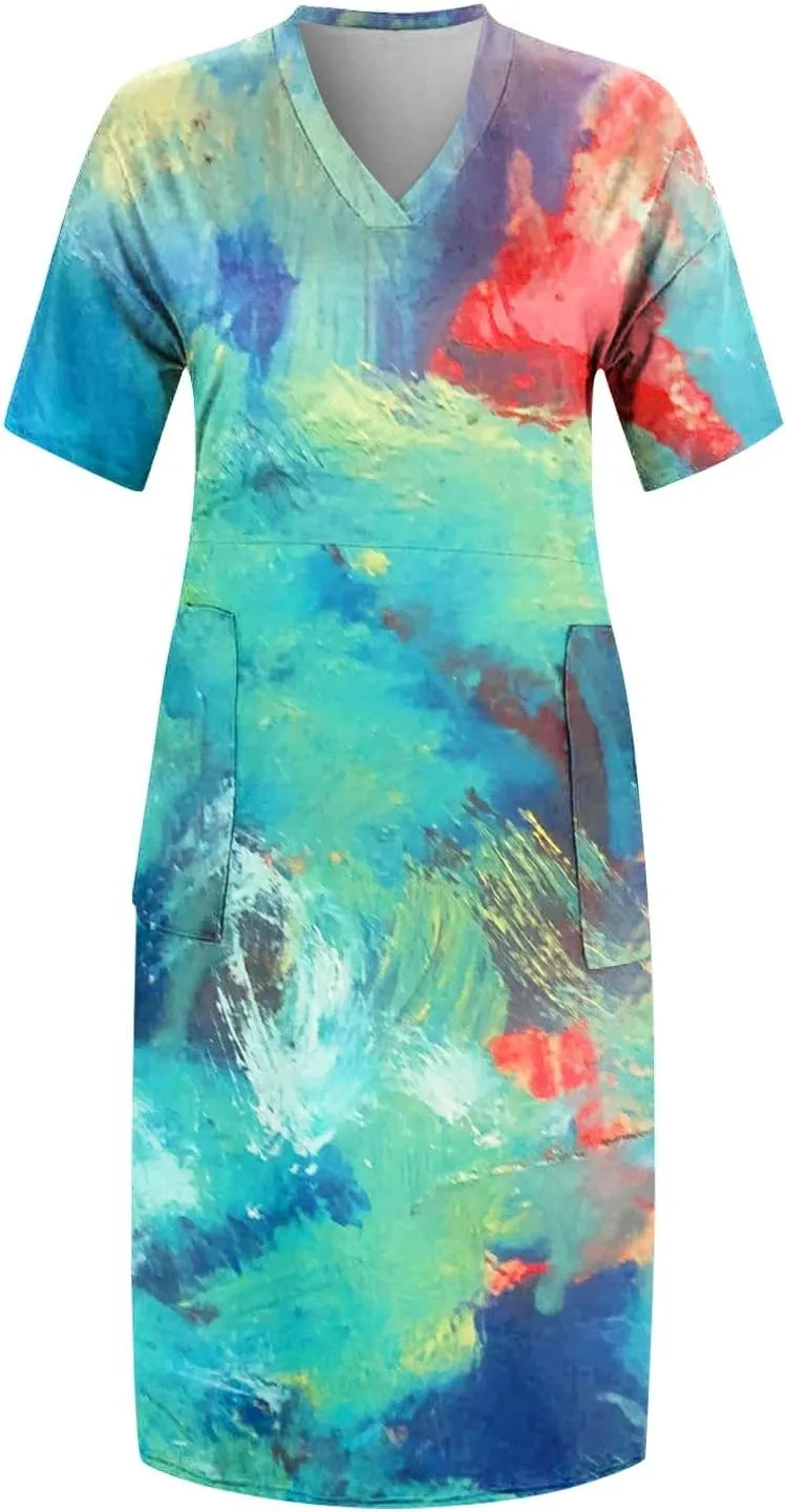 Short Sleeve Shirt Women 2024 Summer Casual T Shirt Plus Size V Neck Dress with Pocket Fashion Printed Pullover