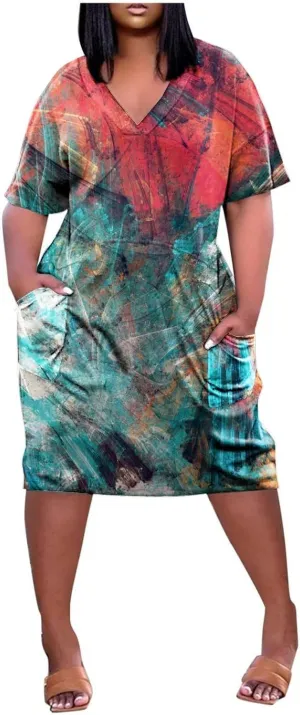 Short Sleeve Shirt Women 2024 Summer Casual T Shirt Plus Size V Neck Dress with Pocket Fashion Printed Pullover