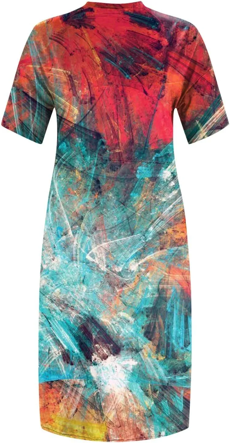 Short Sleeve Shirt Women 2024 Summer Casual T Shirt Plus Size V Neck Dress with Pocket Fashion Printed Pullover