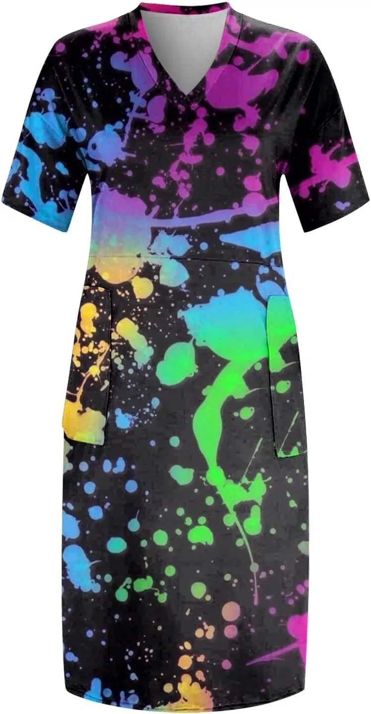 Short Sleeve Shirt Women 2024 Summer Casual T Shirt Plus Size V Neck Dress with Pocket Fashion Printed Pullover