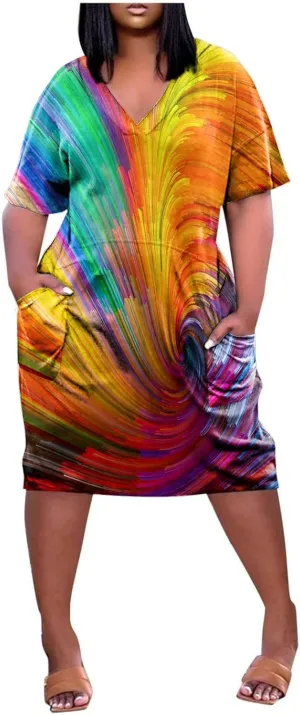 Short Sleeve Shirt Women 2024 Summer Casual T Shirt Plus Size V Neck Dress with Pocket Fashion Printed Pullover