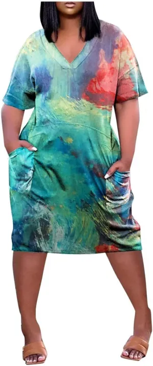 Short Sleeve Shirt Women 2024 Summer Casual T Shirt Plus Size V Neck Dress with Pocket Fashion Printed Pullover