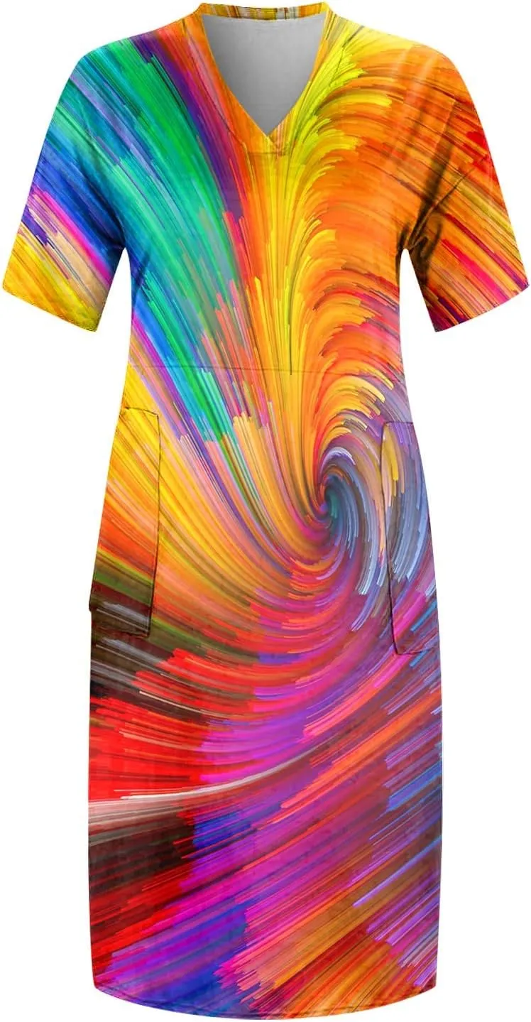 Short Sleeve Shirt Women 2024 Summer Casual T Shirt Plus Size V Neck Dress with Pocket Fashion Printed Pullover