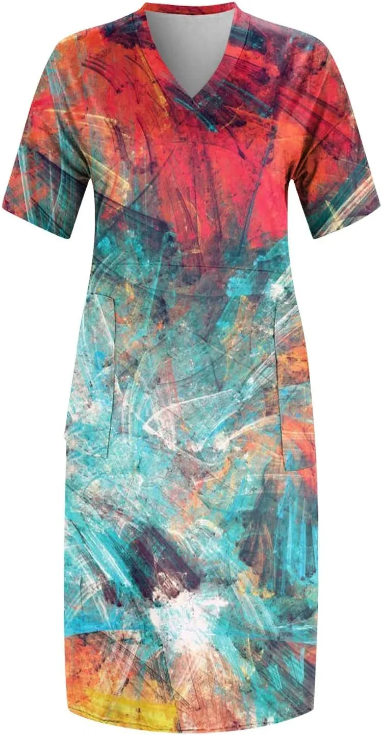 Short Sleeve Shirt Women 2024 Summer Casual T Shirt Plus Size V Neck Dress with Pocket Fashion Printed Pullover