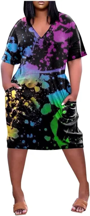 Short Sleeve Shirt Women 2024 Summer Casual T Shirt Plus Size V Neck Dress with Pocket Fashion Printed Pullover