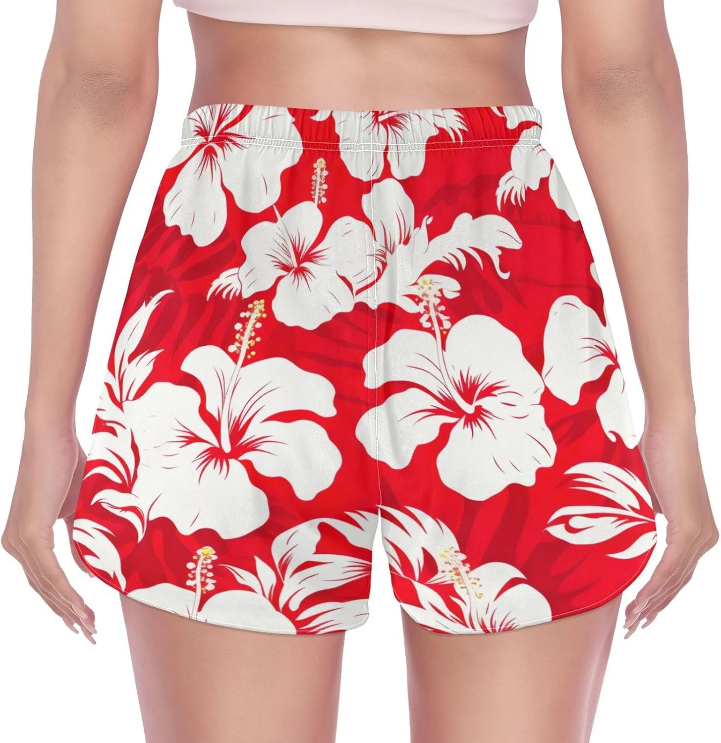 Sinestour Red Leaves Hibiscus Flower Women's Athletic Shorts with Pockets High Waisted Running Shorts Sporty Shorts for Women