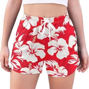 Sinestour Red Leaves Hibiscus Flower Women's Athletic Shorts with Pockets High Waisted Running Shorts Sporty Shorts for Women