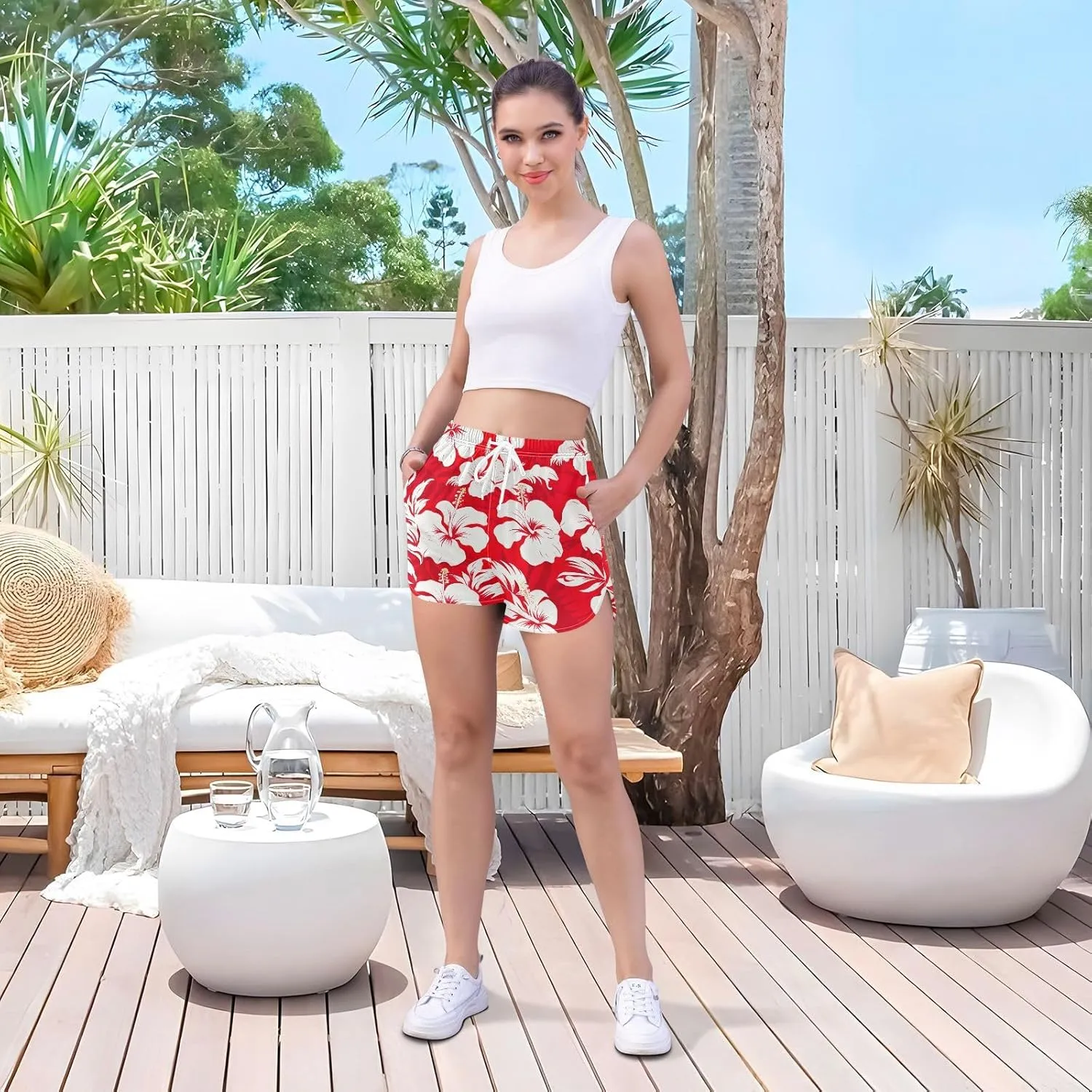 Sinestour Red Leaves Hibiscus Flower Women's Athletic Shorts with Pockets High Waisted Running Shorts Sporty Shorts for Women