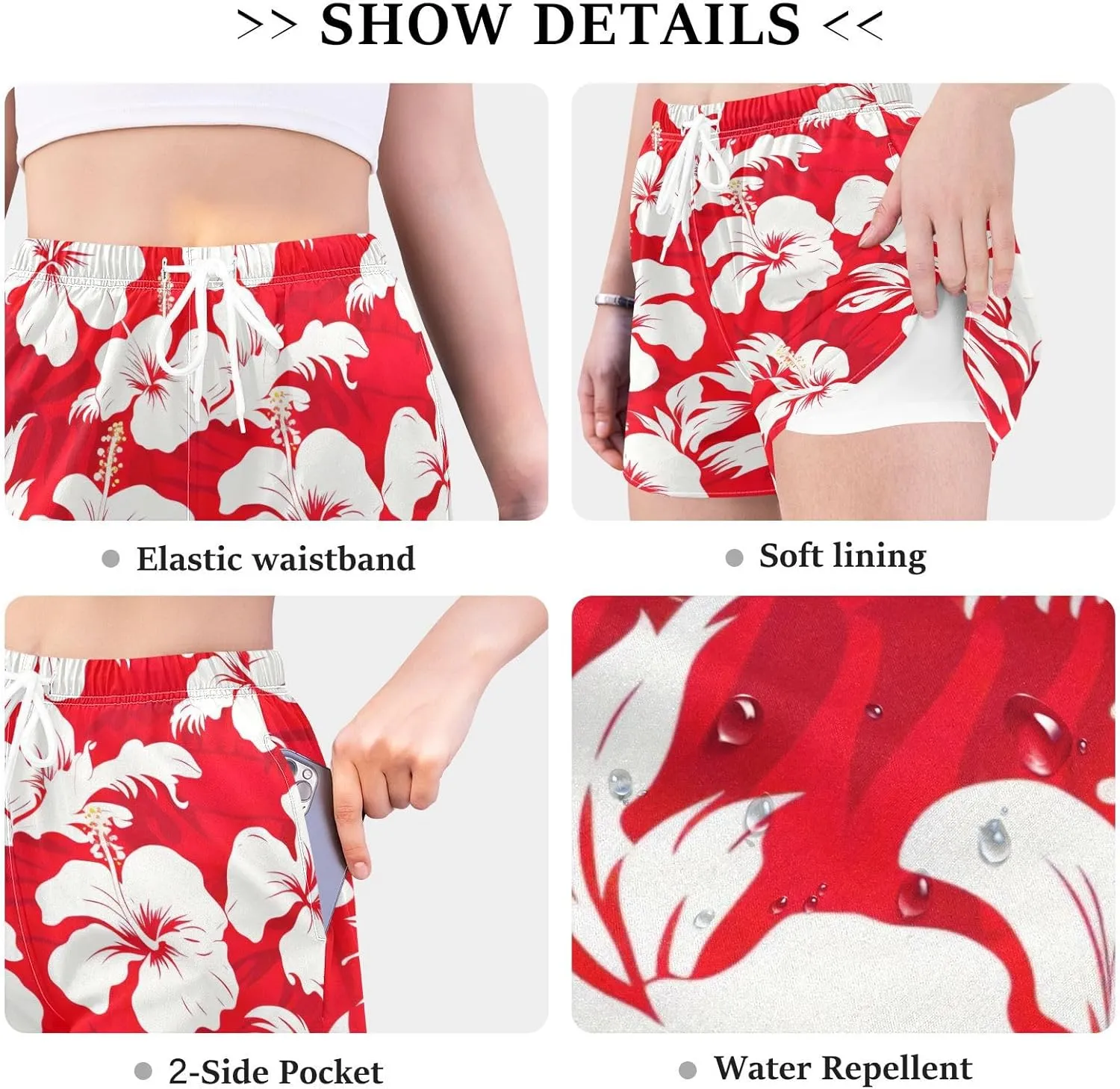 Sinestour Red Leaves Hibiscus Flower Women's Athletic Shorts with Pockets High Waisted Running Shorts Sporty Shorts for Women