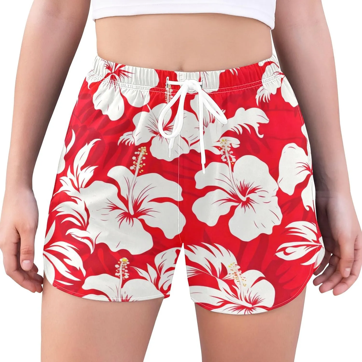 Sinestour Red Leaves Hibiscus Flower Women's Athletic Shorts with Pockets High Waisted Running Shorts Sporty Shorts for Women