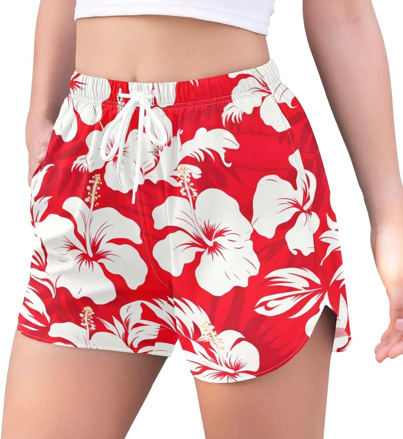 Sinestour Red Leaves Hibiscus Flower Women's Athletic Shorts with Pockets High Waisted Running Shorts Sporty Shorts for Women