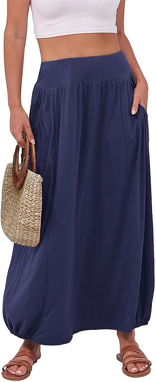Skirts for Women Summer Boho Maxi Skirt with Pockets Elastic High Waist Casual Bohemian Dresses Spring A Line Dress