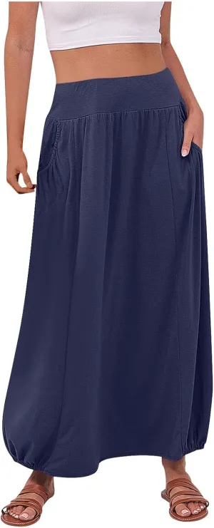Skirts for Women Summer Boho Maxi Skirt with Pockets Elastic High Waist Casual Bohemian Dresses Spring A Line Dress