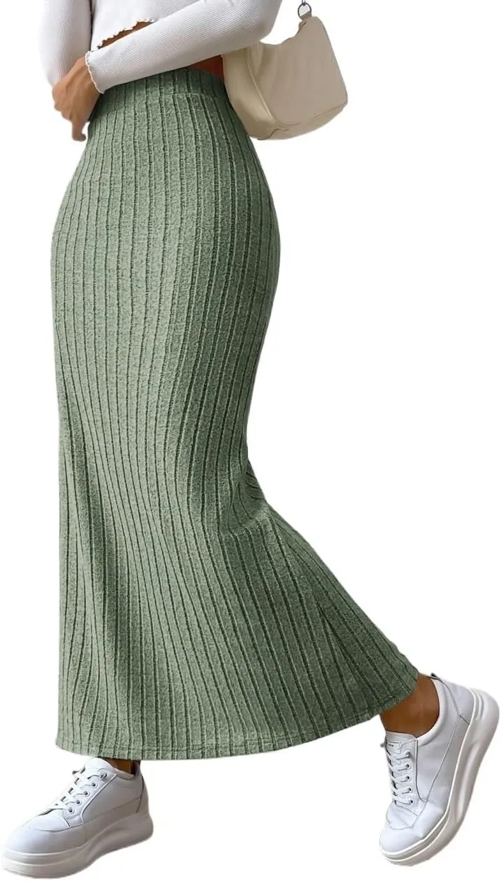 Skirts for Women Women's Spring Side Slit Ribbed Knit High Waisted Casual Long Skirts Fashion