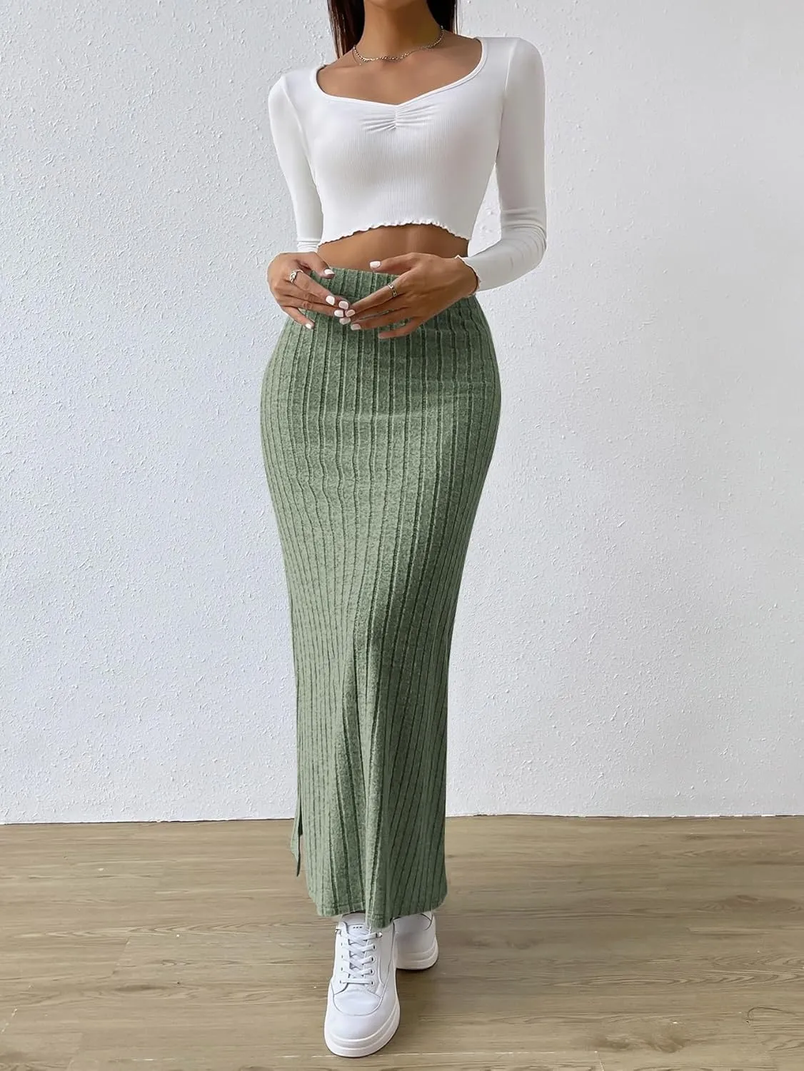 Skirts for Women Women's Spring Side Slit Ribbed Knit High Waisted Casual Long Skirts Fashion