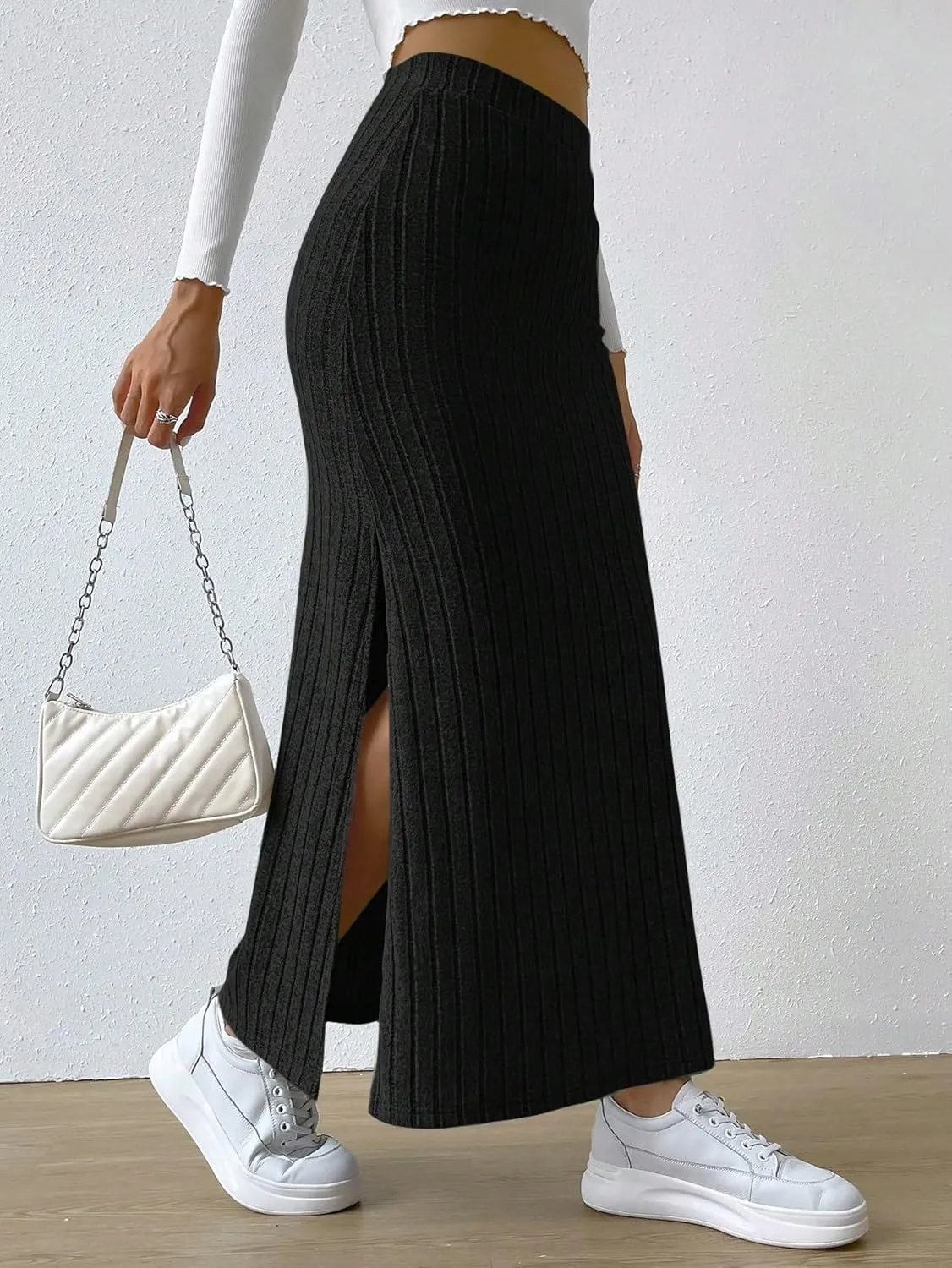 Skirts for Women Women's Spring Side Slit Ribbed Knit High Waisted Casual Long Skirts Fashion