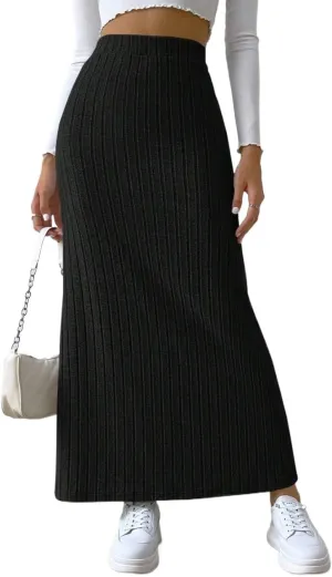 Skirts for Women Women's Spring Side Slit Ribbed Knit High Waisted Casual Long Skirts Fashion