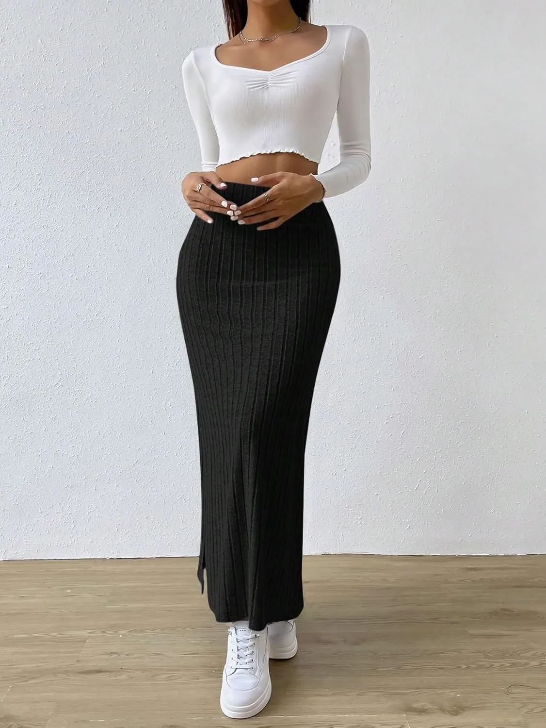 Skirts for Women Women's Spring Side Slit Ribbed Knit High Waisted Casual Long Skirts Fashion