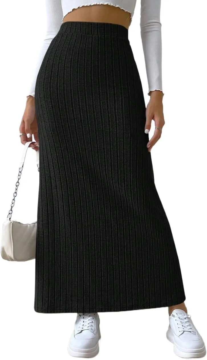 Skirts for Women Women's Spring Side Slit Ribbed Knit High Waisted Casual Long Skirts Fashion