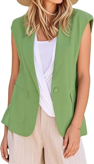 Sleeveless Blazers for Women Summer Casual Open Front Work Office Tops Solid Color Lapel Button Lightweight Jackets