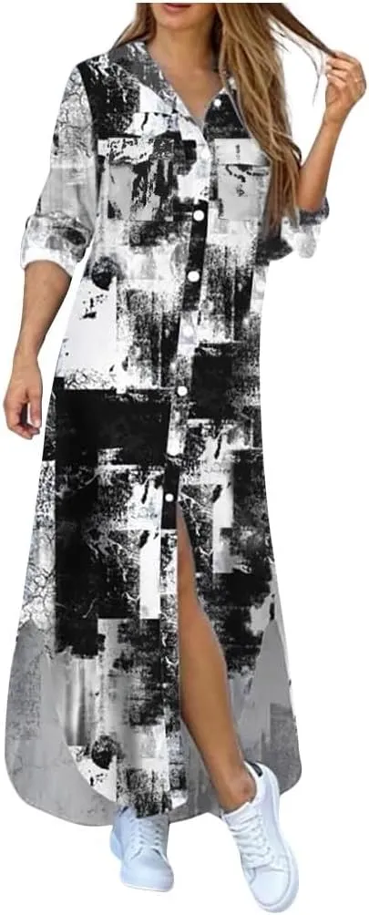 Spring Dresses for Women 2025,Womens Casual Graphic Long Sleeve Button Down Maxi Dress Side Slit Loose Shirt Dresses