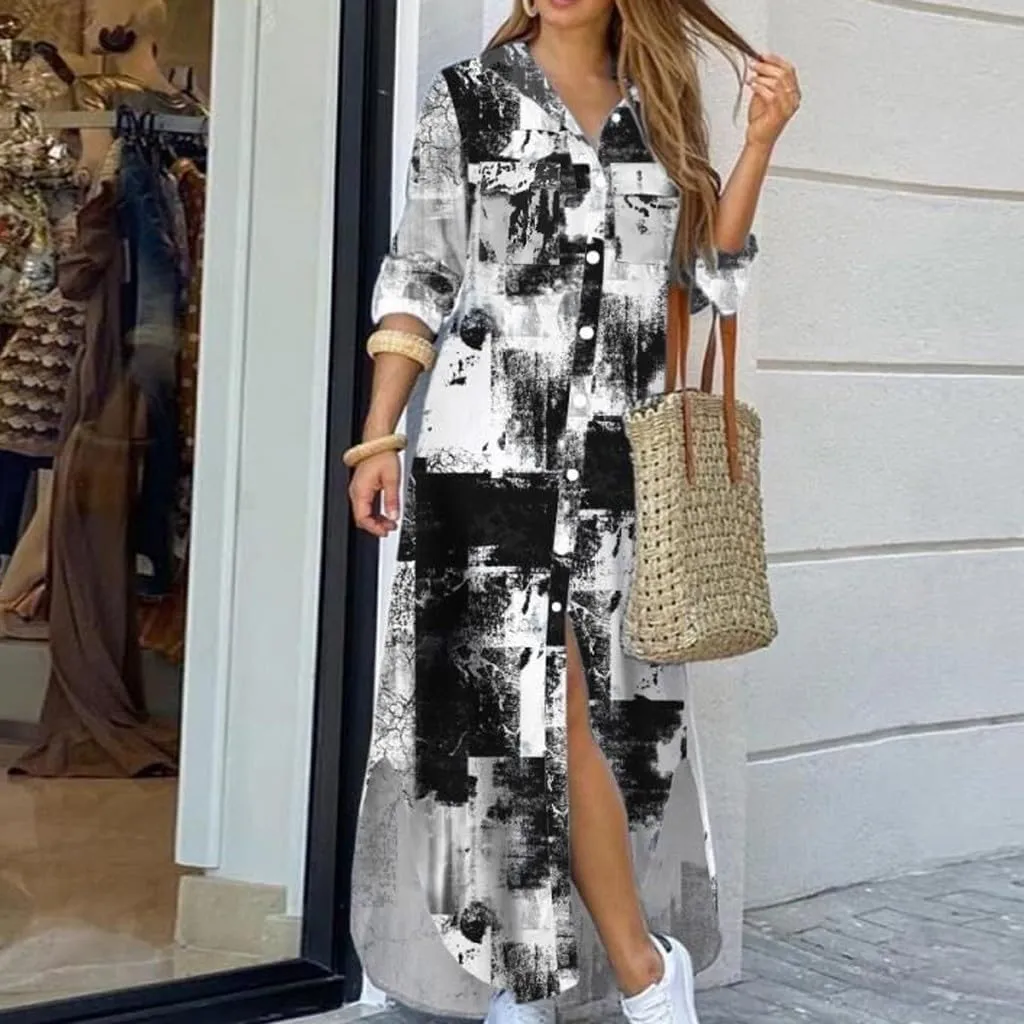 Spring Dresses for Women 2025,Womens Casual Graphic Long Sleeve Button Down Maxi Dress Side Slit Loose Shirt Dresses