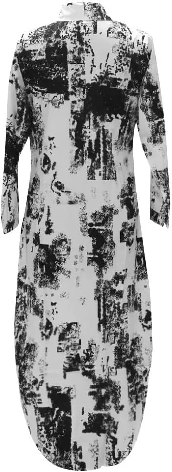 Spring Dresses for Women 2025,Womens Casual Graphic Long Sleeve Button Down Maxi Dress Side Slit Loose Shirt Dresses