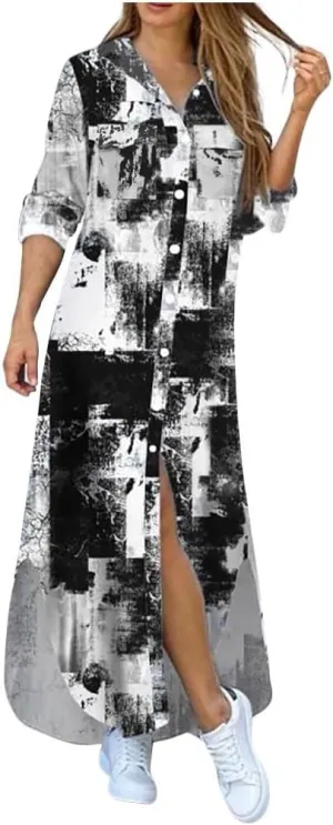 Spring Dresses for Women 2025,Womens Casual Graphic Long Sleeve Button Down Maxi Dress Side Slit Loose Shirt Dresses