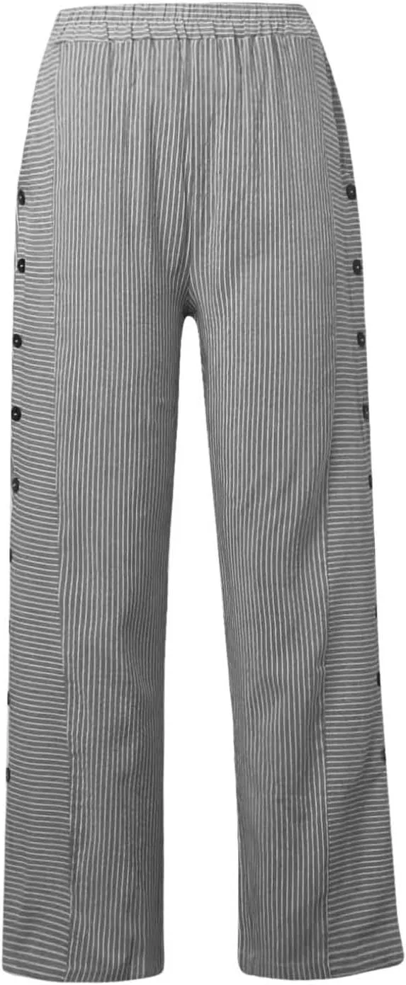 Striped Pants Women Elastic High Waisted Button Side Linen Pants Ladies Casual Baggy Wide Leg Lightweight Summer Pants
