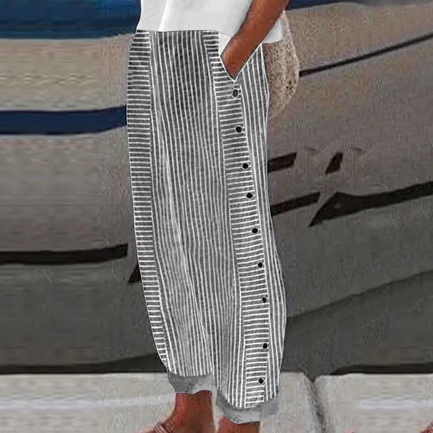 Striped Pants Women Elastic High Waisted Button Side Linen Pants Ladies Casual Baggy Wide Leg Lightweight Summer Pants