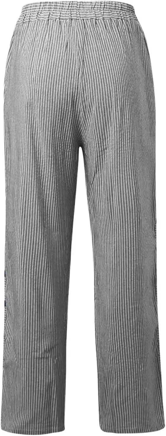 Striped Pants Women Elastic High Waisted Button Side Linen Pants Ladies Casual Baggy Wide Leg Lightweight Summer Pants