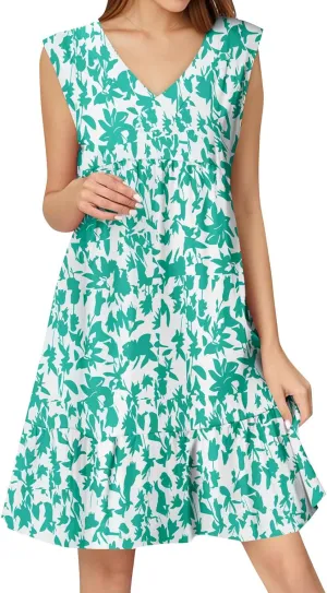 Summer Boho Dresses for Women Sleeveless V Neck Mini Dresses Loose Ruffle Aline Sundresses Casual Beach Cover Up Dress