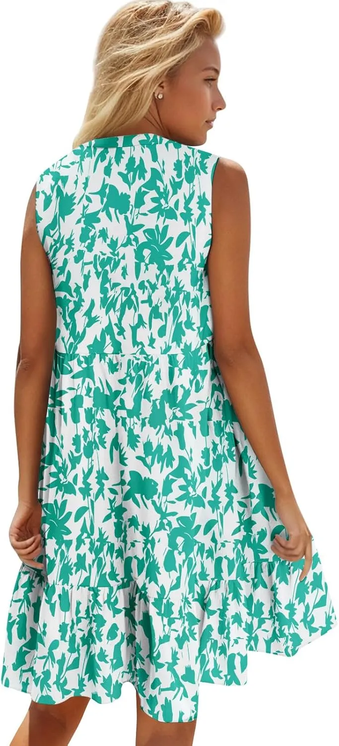 Summer Boho Dresses for Women Sleeveless V Neck Mini Dresses Loose Ruffle Aline Sundresses Casual Beach Cover Up Dress