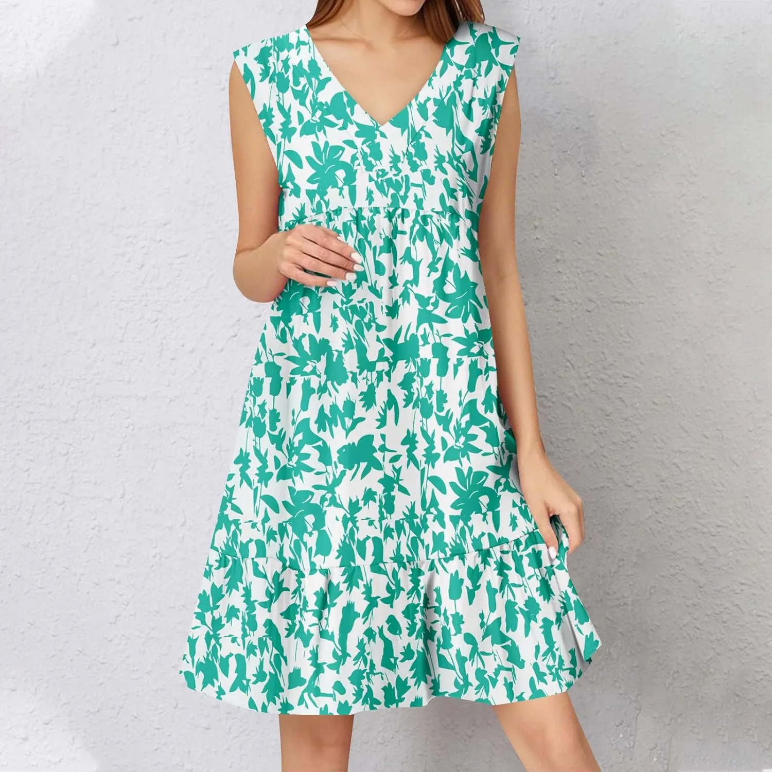 Summer Boho Dresses for Women Sleeveless V Neck Mini Dresses Loose Ruffle Aline Sundresses Casual Beach Cover Up Dress