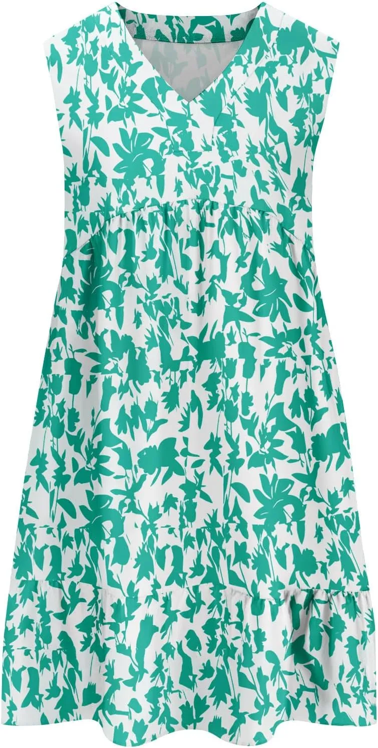 Summer Boho Dresses for Women Sleeveless V Neck Mini Dresses Loose Ruffle Aline Sundresses Casual Beach Cover Up Dress