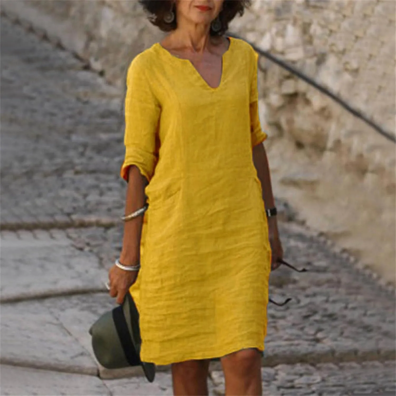 Summer Cotton Linen Short Sleeve Dresses for Women V Neck Spring Skirt Travel Vacation Outfits Church Work Dresses