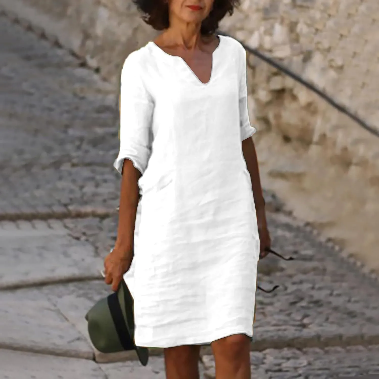 Summer Cotton Linen Short Sleeve Dresses for Women V Neck Spring Skirt Travel Vacation Outfits Church Work Dresses