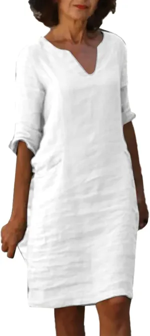 Summer Cotton Linen Short Sleeve Dresses for Women V Neck Spring Skirt Travel Vacation Outfits Church Work Dresses