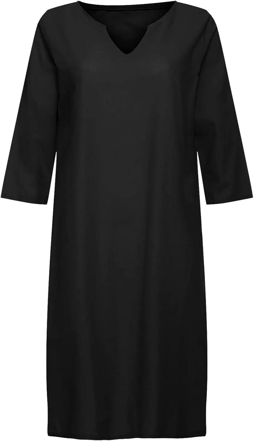 Summer Cotton Linen Short Sleeve Dresses for Women V Neck Spring Skirt Travel Vacation Outfits Church Work Dresses