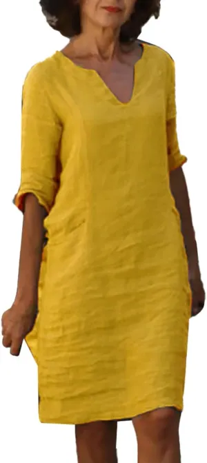 Summer Cotton Linen Short Sleeve Dresses for Women V Neck Spring Skirt Travel Vacation Outfits Church Work Dresses